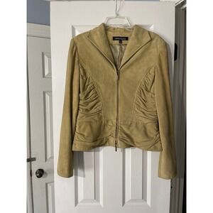 Anne Klein Suede Ruched Zip Front Jacket Women Medium Camel Beige Blazer